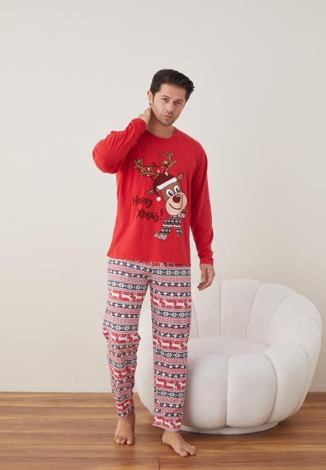 Pijama barbat Craciun maneca lunga pantaloni lungi rosu Herry Xmas ENGROS